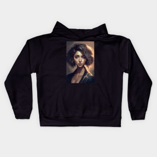 Golden Waves: A Portrait of a Beautiful Girl with Short Wavy Hair Kids Hoodie